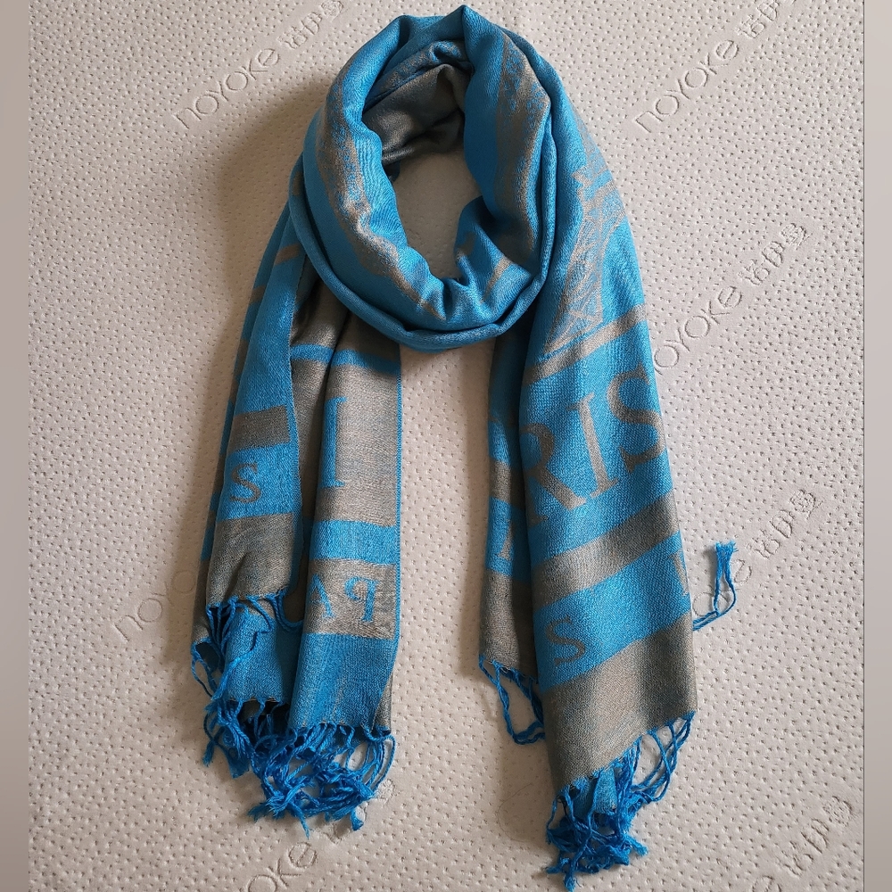 Fringe Trim Reversible Soft Scarf Blue/Grey-gold